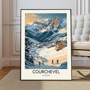 May include: Framed art print of Courchevel ski resort. The artwork shows a snowy mountain landscape with skiers, chalets, and a ski lift. The sky is a mix of orange and blue. The text "COURCHEVEL SKI RESORT" is at the bottom.