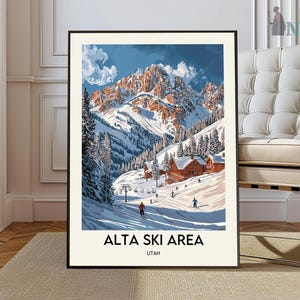 Puede incluir: Un póster de estilo vintage que presenta una escena de montaña nevada con esquiadores y una cabaña. El póster se titula "Alta Ski Area, Utah".
