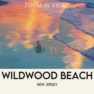 K&ouml;nnte beinhalten: Ein malerisches Foto von Wildwood Beach, New Jersey, mit einer Person als Silhouette im Wasser. Der Himmel und das Wasser spiegeln warme Orange- und Gelbt&ouml;ne wider, mit einer kreisf&ouml;rmigen Zoomansicht des Wassers. Text unten: "Wildwood Beach, New Jersey."