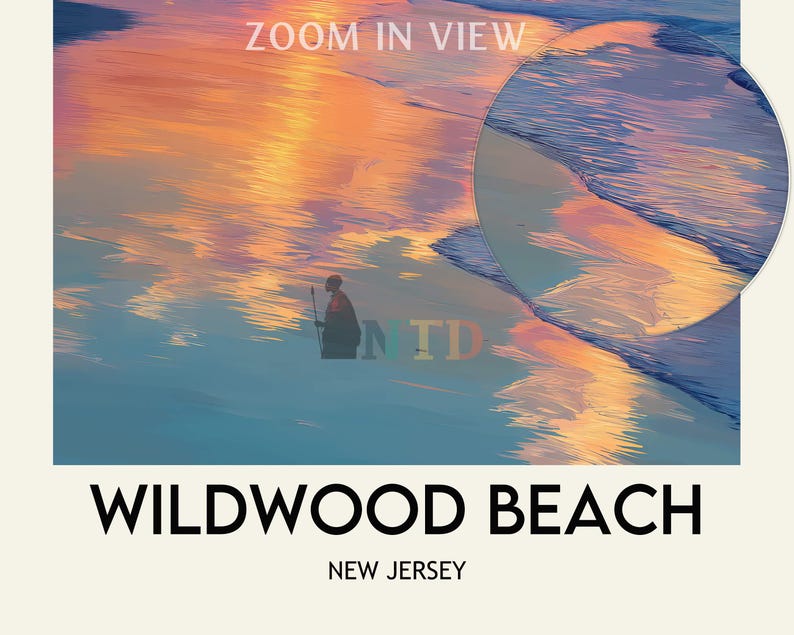 K&ouml;nnte beinhalten: Ein malerisches Foto von Wildwood Beach, New Jersey, mit einer Person als Silhouette im Wasser. Der Himmel und das Wasser spiegeln warme Orange- und Gelbt&ouml;ne wider, mit einer kreisf&ouml;rmigen Zoomansicht des Wassers. Text unten: "Wildwood Beach, New Jersey."