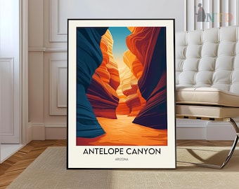 May include: A poster with a colorful illustration of Antelope Canyon in Arizona. The canyon is a narrow slot canyon with red, orange, and yellow rock formations. The text "Antelope Canyon" and "Arizona" is printed at the bottom of the poster.