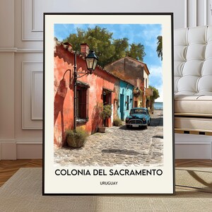 Colonia del Sacramento Uruguay affischtryck, UNESCO Gamla stan väggkonst, naturskön karta dekor, reseillustration gåva, Montevideo tryck