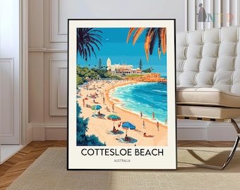May include: A vintage-style poster featuring a colorful illustration of Cottesloe Beach in Australia. The poster depicts a beach scene with palm trees, blue water, and people enjoying the sun. The text "COTTESLOE BEACH AUSTRALIA" is printed at the bottom of the poster.