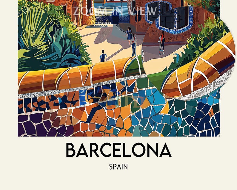 Puede incluir: Un muro de mosaico colorido con vista a un parque en Barcelona, Espa&ntilde;a. El texto "ZOOM IN VIEW" es visible en la esquina superior derecha de la imagen.