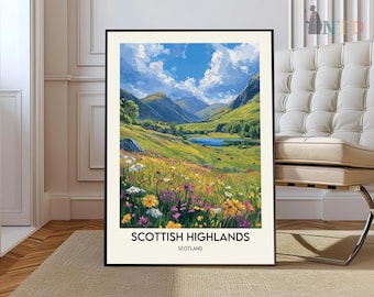 Póster de viaje a las Tierras Altas de Escocia, arte mural de viaje a las Tierras Altas de Escocia, Reino Unido, impresión del Reino Unido, regalos de inauguración de la casa, regalos de viaje
