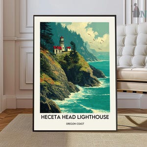 May include: A framed art print of Heceta Head Lighthouse on the Oregon Coast. The artwork depicts a lighthouse with a red roof and white tower perched on a cliff overlooking the ocean. The image has a vintage travel poster style.