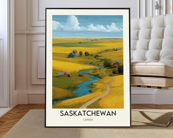Saskatchewan, Canada poster print, Prairie Province kunst aan de muur, natuur landschap kaart decor, reizen illustratie cadeau, Saskatchewan print