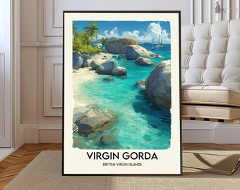 Virgin Gorda Poster Print Caribbean Wall Art Island Beach Decor BVI Travel Illustration Gift