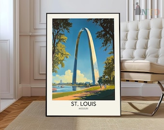 May include: A vintage travel poster featuring a scenic view of the Gateway Arch in St. Louis, Missouri. The arch is a prominent landmark, with a blue sky and green trees in the background. The poster has a white border and the text "ST. LOUIS, MISSOURI" at the bottom.
