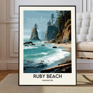 Ruby Beach Washington Poster Print, Olympic National Park Wall Art, Pacific Coast Sea Stacks Map Decor, Olympic National Park poster