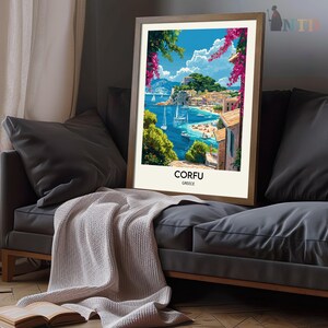 May include: A framed print of a colorful illustration of a coastal town in Corfu, Greece. The illustration features a blue sky, turquoise water, sailboats, and a town with buildings and trees. The text "CORFU GREECE" is printed at the bottom of the print.