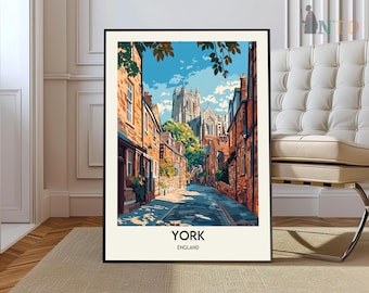 May include: A vintage-style illustration of a street scene in York, England. The image features a narrow street lined with brick buildings, with a large cathedral in the background. The text "YORK ENGLAND" is printed at the bottom of the image.