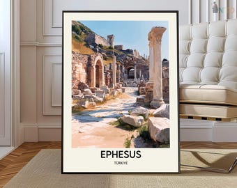 Ephesus Turkey Poster, Ancient Roman Ruins Library of Celsus Wall Art, Historic UNESCO Site Illustration
