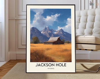 Jackson Hole Wyoming Poster, Grand Teton Alpine Ski Resort Wall Art, Scenic Rocky Mountain Winter Illustration