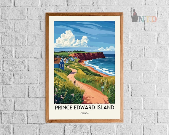 プリンスエドワード島の海辺の灯台の絵画、赤い砂の風景の壁画