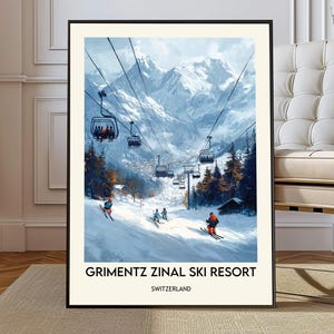 Poster Grimentz Zinal Ski Resort Zwitserland, kunst aan de muur alpenski Val d'Anniviers, schilderachtige Zwitserse Alpen winterillustratie