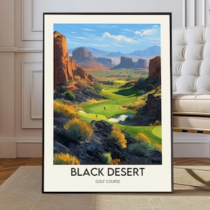 May include: A framed art print of a golf course in a desert landscape. The artwork features a green golf course surrounded by red rock formations and mountains under a blue sky. The text "BLACK DESERT GOLF COURSE" is at the bottom.
