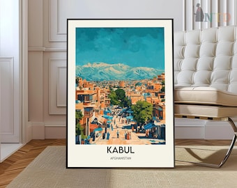 May include: A colourful painting of a city scene with buildings, streets, and people. The painting is framed in a black frame and has the text "Kabul, Afghanistan" at the bottom.