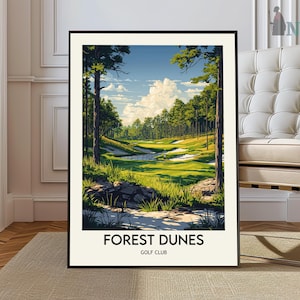 Puede incluir: Una impresión artística enmarcada de una escena de campo de golf. La obra de arte representa un exuberante campo de golf verde con árboles, elementos acuáticos y un cielo azul con nubes. El texto "FOREST DUNES GOLF CLUB" está en la parte inferior.