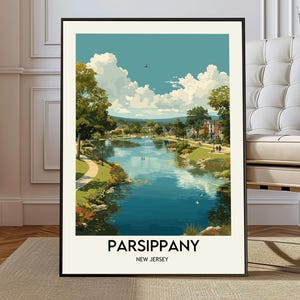 Puede incluir: Un póster vertical enmarcado que presenta una ilustración paisajística de un lago en Parsippany, Nueva Jersey. La escena muestra un lago azul rodeado de árboles verdes, orillas cubiertas de hierba y un sendero bajo un cielo con nubes blancas. El texto dice Parsippany New Jersey.