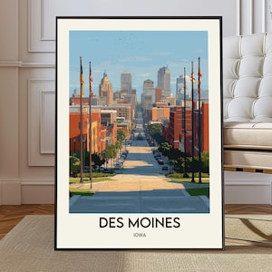 Des Moines Iowa Poster, Midwest Capital Skyline Wall Art, Downtown City Illustration, USA Travel Decor Des Moines map
