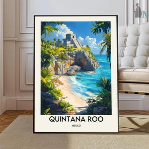 May include: A vintage travel poster featuring a colorful illustration of a Mayan temple ruin on a cliff overlooking a turquoise ocean. The poster has the text "Quintana Roo, Mexico" at the bottom.