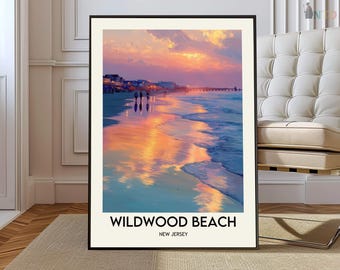 Wildwood Beach New Jersey Poster, Jersey Shore Boardwalk Coastal Wall Art, Scenic Ocean Landscape Illustration