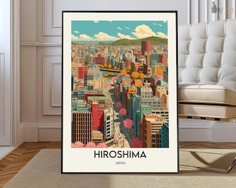 May include: A framed art print of Hiroshima, Japan, featuring a colorful cityscape with buildings in various hues. The artwork showcases a river, mountains, and cherry blossom trees. The city's name is printed in bold, with "Japan" below.