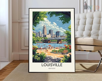 Könnte beinhalten: Eine Illustration im Vintage-Stil der Skyline von Louisville mit einem Fluss im Vordergrund. Die Illustration zeigt ein grünes Blätterdach, eine Brücke und eine Gruppe von Menschen am Flussufer. Der Text "LOUISVILLE KENTUCKY" befindet sich am unteren Rand des Bildes.