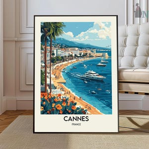 Affiche de Cannes, impression de voyage à Cannes, affiche de voyage en France, décoration tropicale, art de la plage, impression de la Côte d'Azur, cadeau Cannes, impression de la Côte d'Azur