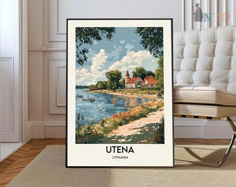 May include: A framed art print featuring a scenic view of Utena, Lithuania. The artwork depicts a lake with boats, a pathway, and buildings with red roofs under a blue sky with clouds. The text "UTENA LITHUANIA" is at the bottom.