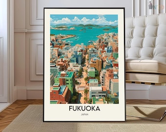 May include: A framed art print featuring a colorful illustration of Fukuoka, Japan. The artwork depicts a coastal city with buildings in shades of orange, green, and blue, with a turquoise sea and blue sky. The text "FUKUOKA JAPAN" is at the bottom.