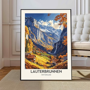 Lauterbrunnen Travel Poster - Switzerland Wall Art Print, Illustration Poster, Home & Office decor, Gift idea, Travel print, Mountain Print