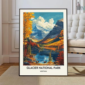 Op de afbeelding: Een vintage reisposter met een schilderachtig uitzicht op Glacier National Park in Montana. De poster toont een bergketen met een meer op de voorgrond, omringd door weelderige groene bomen en levendige herfstkleuren. De tekst "Glacier National Park, Montana" staat onderaan de poster.