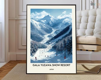 GALA 湯沢スノーリゾート 日本ポスター、新潟アルペンスキー ウォールアート、越後湯沢 冬山イラスト