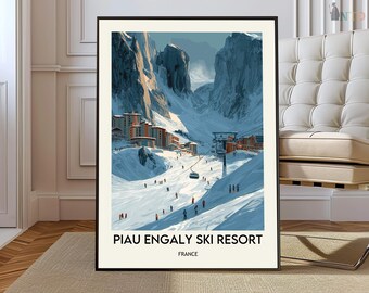 Piau Engaly Ski Resort France Poster, French Pyrenees Alpine Ski Wall Art, Scenic Winter Mountain Landscape Illustration
