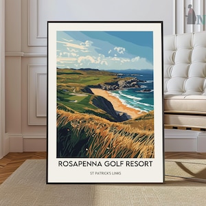 May include: A framed art print of Rosapenna Golf Resort, St Patrick's Links. The landscape art features a golf course, beach, and ocean under a blue sky with clouds. The artwork is in a black frame.