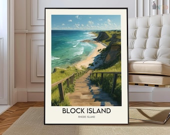 Póster de Block Island, Rhode Island, arte mural costero de Nueva Inglaterra, decoración de viaje para la playa de la isla