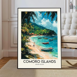 May include: A vintage travel poster featuring a tropical beach scene with palm trees, turquoise water, and boats. The poster is titled "Comoro Islands, Indian Ocean".