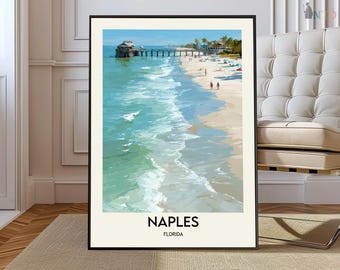 Neapel Florida affischtryck, Gulf Coast väggkonst, Neapel Pier karta dekor, kuststrand resa illustration gåva, Neapel Pier affisch