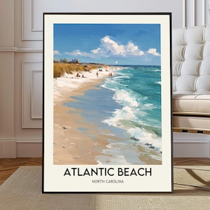 Puede incluir: Una impresión artística enmarcada de Atlantic Beach, Carolina del Norte. La obra de arte representa una escena de playa soleada con agua turquesa, olas blancas y una orilla arenosa. El cielo es azul con nubes blancas y esponjosas. El texto "Atlantic Beach, North Carolina" está en la parte inferior.