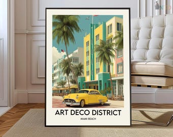 Art Deco Miami Poster, South Beach Ocean Drive Architecture Wall Art, Retro Pastel Cityscape Illustration