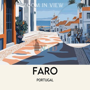 May include: A colorful illustration of a street scene in Faro, Portugal. The image features white buildings with orange tile roofs, a cobblestone street, and a blue sky with white clouds. The text "ZOOM IN VIEW" is visible at the top of the image.
