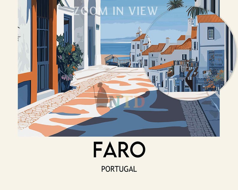 May include: A colorful illustration of a street scene in Faro, Portugal. The image features white buildings with orange tile roofs, a cobblestone street, and a blue sky with white clouds. The text "ZOOM IN VIEW" is visible at the top of the image.