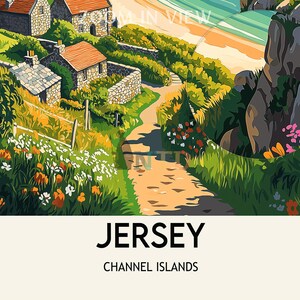 Pu&ograve; includere: Un'illustrazione colorata di un villaggio costiero a Jersey, Isole del Canale. L'immagine presenta un sentiero tortuoso che conduce a una spiaggia con una scogliera rocciosa sullo sfondo. Il sentiero &egrave; fiancheggiato da una lussureggiante vegetazione verde e fiori colorati.