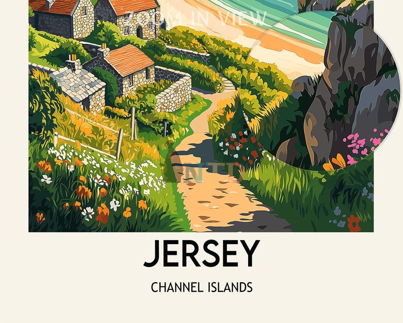 Pu&ograve; includere: Un'illustrazione colorata di un villaggio costiero a Jersey, Isole del Canale. L'immagine presenta un sentiero tortuoso che conduce a una spiaggia con una scogliera rocciosa sullo sfondo. Il sentiero &egrave; fiancheggiato da una lussureggiante vegetazione verde e fiori colorati.