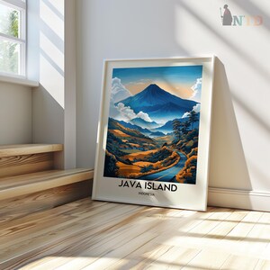 May include: A poster with a blue and orange illustration of a mountain range and a winding road. The text "JAVA ISLAND INDONESIA" is at the bottom of the poster.
