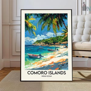 May include: A colorful painting of a tropical beach scene with palm trees, turquoise water, and boats. The text "Comoro Islands, Indian Ocean" is at the bottom of the painting.