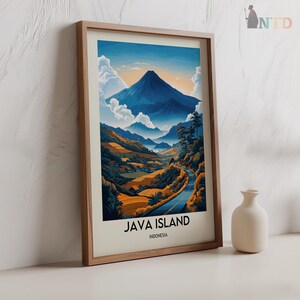 May include: A framed print of a mountain landscape with a winding road leading up to the peak. The print is titled "Java Island, Indonesia".