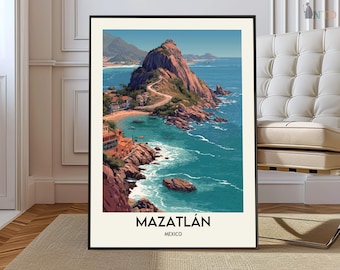 May include: A framed art print showing a coastal scene of Mazatlán, Mexico. The image displays a road winding along a rocky coastline, with turquoise waters and a mountain in the background. The text "MAZATLÁN MEXICO" is at the bottom of the print.